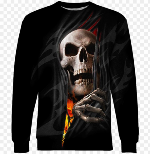 fire skull tshirt - spiral direct death re-ripped cotton kids hoody blackskeleto Isolated Illustration on Transparent PNG