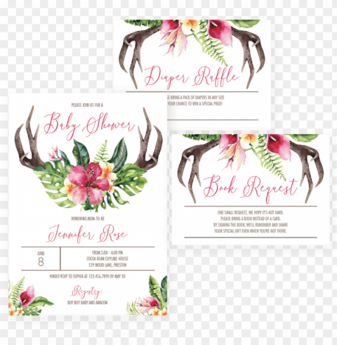 floral antler baby shower invitation set download by - bohemian invitation template Isolated PNG Item in HighResolution PNG transparent with Clear Background ID 01114b77