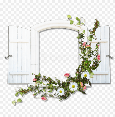 free window with wild flowers flowers - floral frame window Transparent PNG Isolated Object with Detail