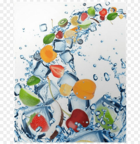 fresh fruit in water splash with ice cubes poster - flavorful frozen fruit beat the summer heat PNG transparent graphics bundle