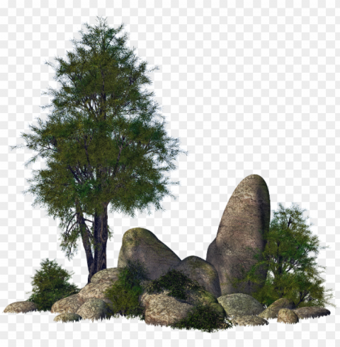 ftestickers landscape trees rocks stones - 3d rocks Isolated PNG Element with Clear Transparency