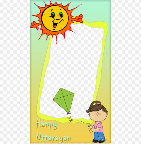 girl flying kite frame - happy sun embroidery design Isolated Character on Transparent Background PNG