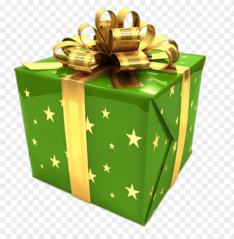 green gift box with golden ribbon Clean Background Isolated PNG Image