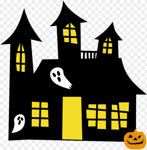 halloween haunted house with lights on Clean Background Isolated PNG Image