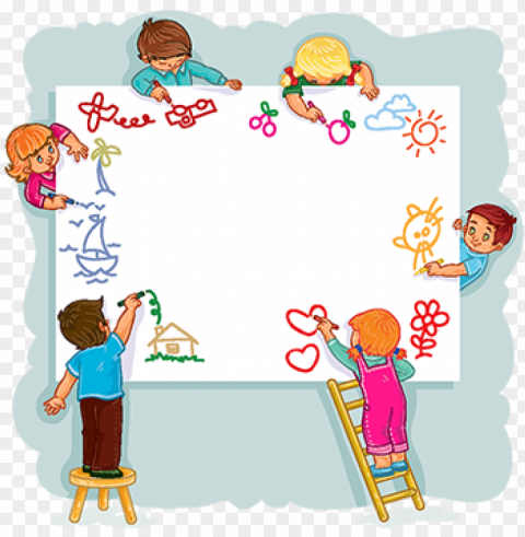 happy children together draw on a large sheet of paper - متن خوش آمد گویی پیش دبستانی PNG graphics with transparency