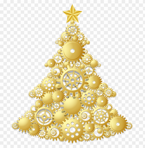 hd gold gears christmas tree shape Isolated Object in Transparent PNG Format