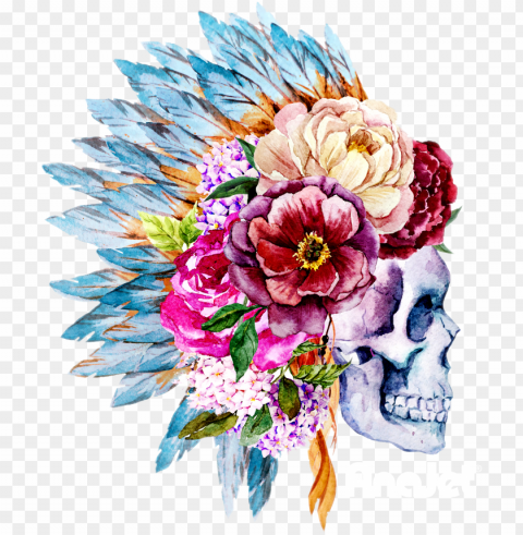 headdress dark garme - skull with flower indian headdress PNG images with alpha channel diverse selection