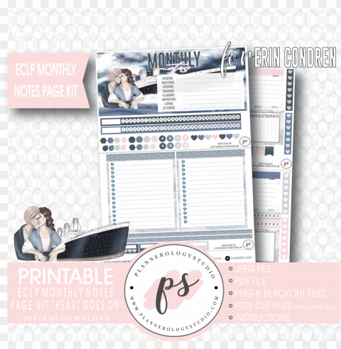 heart goes on monthly notes page kit digital printable HighQuality PNG with Transparent Isolation