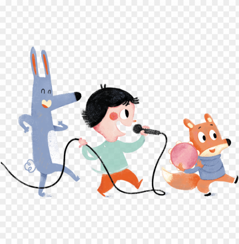  illustration of three characters - a rabbit a boy and a fox - skipping rope together Isolated Element with Transparent PNG Background