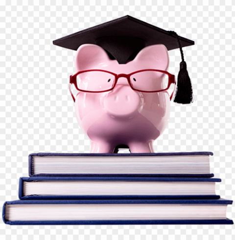 iggy bank with glasses and a grad cap on a pile of - piggy bank with graduation cap Clean Background Isolated PNG Graphic