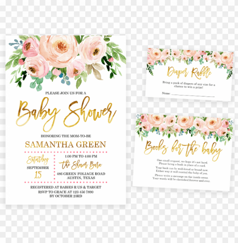 ink and gold floral baby shower invitation pack - baby girl shower invitations Transparent PNG Isolated Design Element