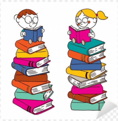 kids reading on a big pile of books sticker pixers - pile of reading books PNG Image with Clear Background Isolation