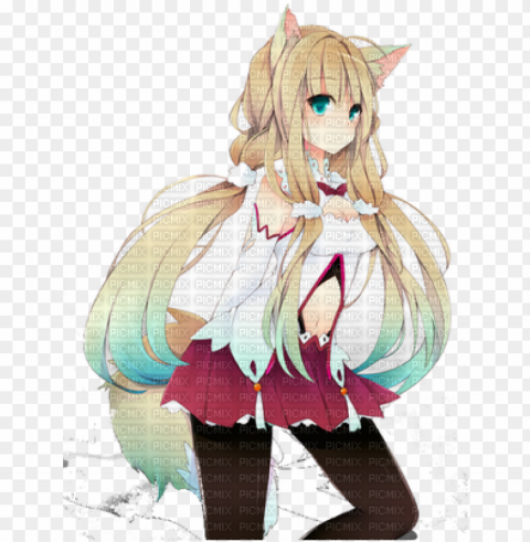 kitsune girl - anime girl half wolf Isolated Item on Transparent PNG