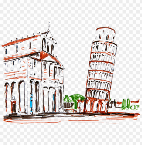 leaning tower of pisa drawing italy architecture - leaning tower of pisa drawing watercolor PNG images for graphic design