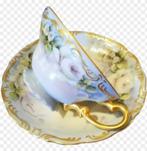 limoges or bavaria hand painted white rose cup saucer PNG with no background free download