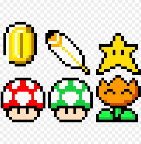 mario power-ups and a coin - mario power ups pixel Isolated PNG Graphic with Transparency