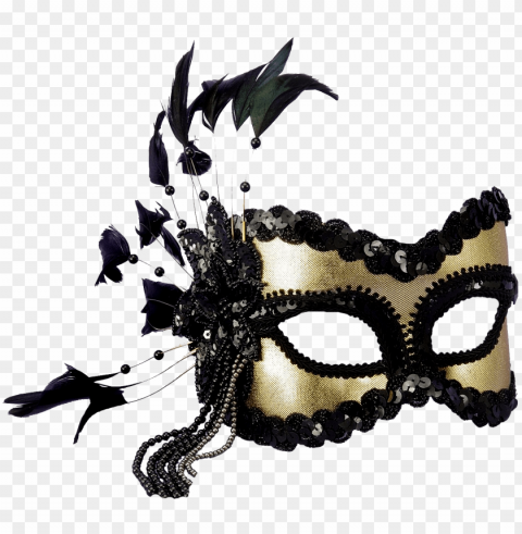 Маска Маска Маска - black and gold sequin and feather mardi gras mask Isolated Artwork on Clear Background PNG