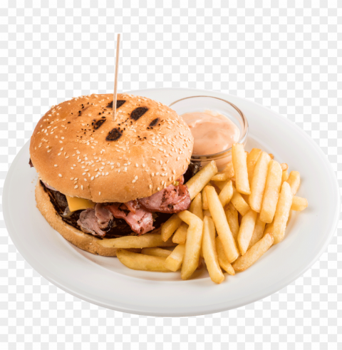 meniu spicy bacon cheeseburger - fast food Transparent Background PNG Isolated Character
