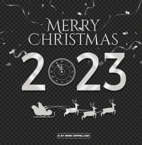 merry christmas 2023 eve clock claus 3d silver with confetti PNG transparent pictures for editing