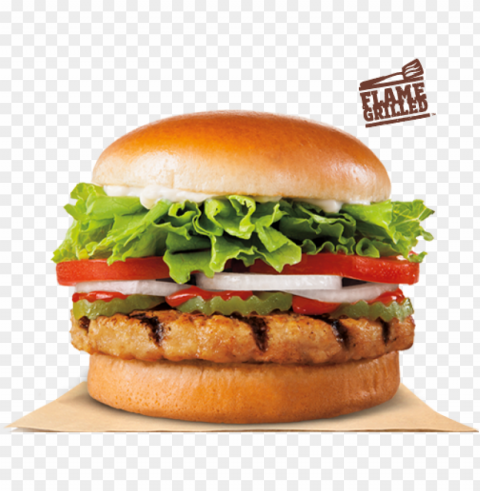 our flame grilled chicken burger features a savory - grilled chicken patty burger PNG clip art transparent background