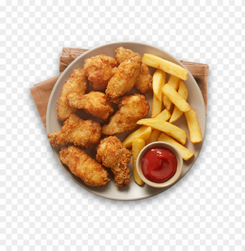 plate of nuggets french fries and ketchup top view PNG without background