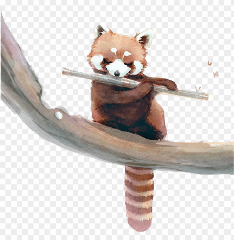 red panda giant panda raccoon watercolor painting squirrel - red panda playing flute PNG graphics with clear alpha channel selection