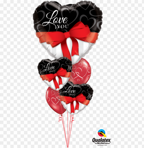 Red Ribbon Love Heart Balloon Bouquet - Valentines Day Balloon Bouquet Qualatex PNG Images Free