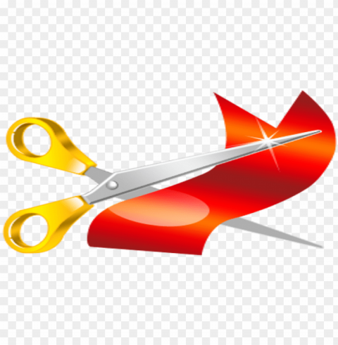 red tape cut with yellow scissors - scissors cutting ribbon PNG Graphic with Transparency Isolation