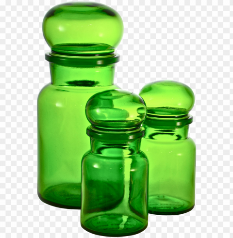 set of three lush green glass ball top apothecary jars - library Isolated Character on Transparent PNG