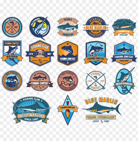 set of vector badges stickers on catching fish - 魚 エンブレム Clear Background Isolation in PNG Format