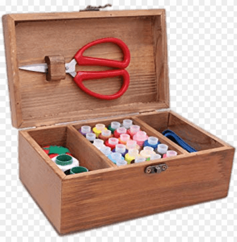 sewing kit in wooden box PNG Image with Transparent Isolation