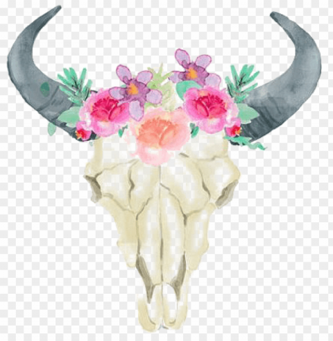 sheep skull wedding horn printing invitation bull clipart - bull skull with flowers Transparent Cutout PNG Graphic Isolation