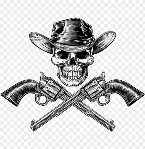 skull cowboy in hat and a pair of crossed gun revolver - crossed revolvers PNG Graphic with Clear Isolation