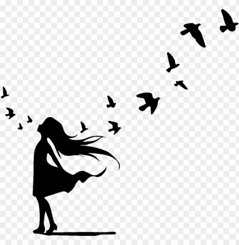 small birds flying cartoon black and white tattoo PNG for digital design