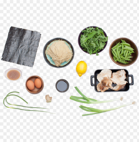 spring vegetable ramen with garlic scapes shiitake - egg top view Transparent Background Isolation of PNG