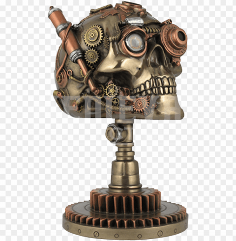 steampunk skull on gear stand - zeckos bronze copper finished steampunk skull statue Isolated Graphic on Clear PNG