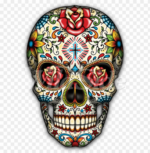 sugar skull with roses - calavera dia de muertos tattoo PNG clip art transparent background