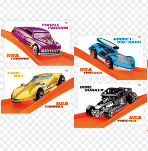 the name of the vehicle shown in one of the top corners - usps hot wheels stamps PNG with clear background extensive compilation