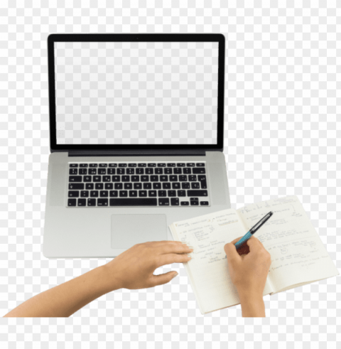top shot macbook png mockup featuring a woman writing - hands on laptop Background-less PNGs