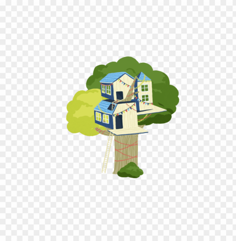 treehouse decorated with colourful flags Transparent PNG pictures for editing