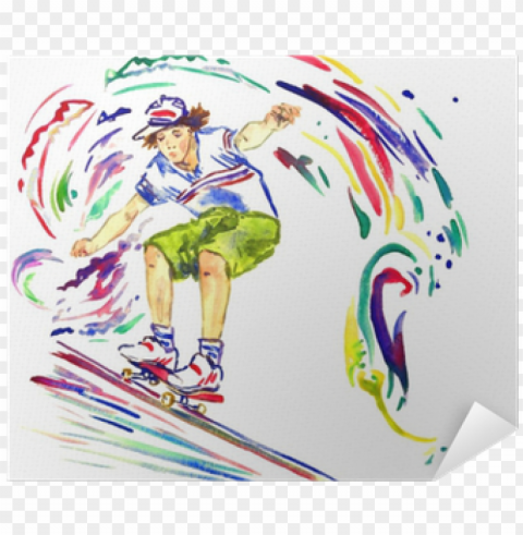 uy on skateboard colorful palette splashes background - watercolor painti PNG transparent photos extensive collection