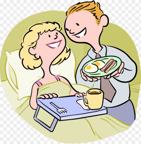 vector illustration of husband serves wife bacon and - breakfast in bed cartoon PNG images without BG
