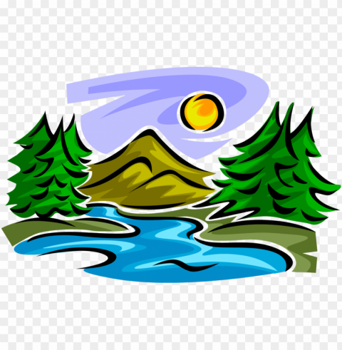 vector illustration of idyllic mountain stream creek - mountain and river clip art PNG graphics with clear alpha channel broad selection