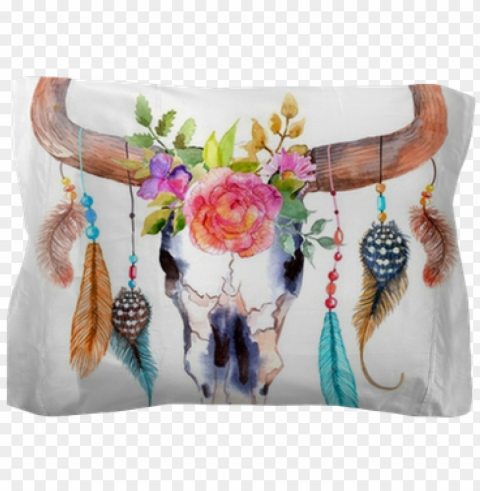 watercolor bull skull with flowers and feathers pillow - boho bull skull Transparent PNG Artwork with Isolated Subject