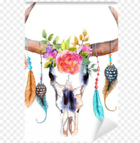 watercolor bull skull with flowers and feathers wall - bohemian cow skull Free download PNG images with alpha transparency