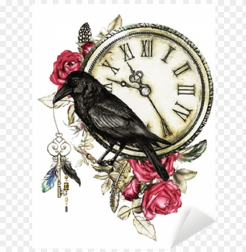 watercolor illustration with crow red roses clock - crow with flowers Isolated Item with Transparent Background PNG
