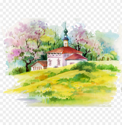 watercolor painting house illustration - beautiful art painting scenery watercolour Isolated Object in Transparent PNG Format