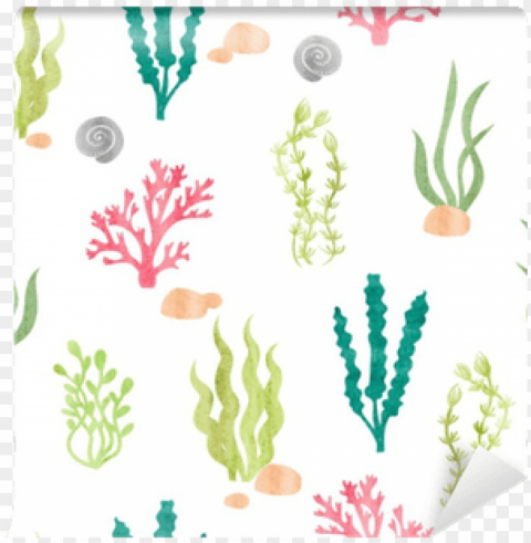 watercolor seamless pattern with corals seaweeds - algas marinas para cortar PNG with transparent background free