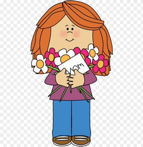 white caucasian girl with red hair holding flowers - happy mothers day animated Isolated Item in Transparent PNG Format