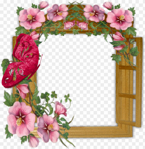 wooden winow with flowers and butterfly - flowers photo frame download Isolated Subject on HighQuality Transparent PNG